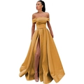 Elegant yellow satin off-shoulder long evening dress with a high side slit design - US size 14 / Top And Bottom / Gold