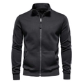 Detail of black sports jacket featuring a stand collar and white stripes on the sleeves - Dark Gray