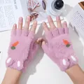 Pink plush fingerless gloves with carrot embroidery and convertible flip cover for women - One Size / Dusty Pink (Large Carrot)