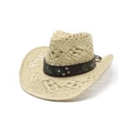 Detail of hollow woven cowboy hat featuring floral embroidery and metal studs on band - M (56-58cm) / Beige