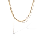 Elegant gold double-layered titanium steel necklace with white pearl heart pendant charm - Gold