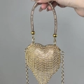 Golden heart-shaped evening bag covered in sparkling rhinestones with a round handle - Gold Heart Bag with Tassel