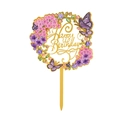 Golden circle Happy Birthday acrylic cake topper with pink flowers and purple butterflies - SJH0204/Purple Butterfly Circle