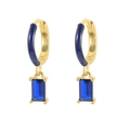 Close-up of S925 silver gold-plated hoop earrings with blue enamel and crystal drops - Gold/Royal Blue