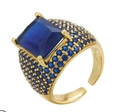Golden square-cut blue zircon ring with pavé side stones shown in 45-degree angle view - Adjustable Open / Gold-Blue Zirconia