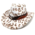 Faux fur leopard print western cowboy hat with studded leather bull head decorative band - M (56-58cm) / Heart Top / White