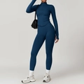 Ensemble de yoga bleu marine côtelé avec veste zippée à manches longues et legging taille haute - S / Haut Et Bas / Ensemble 2 pièces (Veste + Pantalon) / Bleu