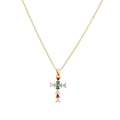 Collier doré avec pendentif croix en zircons colorés en forme de cœur sur fond blanc - Style Patchwork Gemmes Cœur Multicolores (CN00649CX)