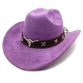 Detail of purple faux suede cowboy hat with silver bull head buckle and studs decoration - M (56-58cm) / Purple