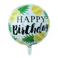 Round white foil birthday balloon with yellow pineapple pattern and Happy Birthday text - 18 Inch Q (White Base Pineapple)