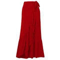 Detail of red wrap maxi skirt featuring layered ruffles and adjustable side waist tie - One Size / Single Sarong Skirt