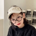 Beige knitted open-top sun hat for kids with black round frame glasses and sport embroidery - Kids / Beige