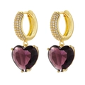 Macro detail of gold hoop earrings featuring zircon pavé and a purple heart-shaped stone - Gold Purple Zircon 1 Pair