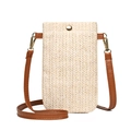 Women's summer straw phone crossbody bag with wave woven texture and brown PU strap - Magnetic Closure / White