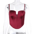 Detail of burgundy satin camisole featuring a deep V-neckline and delicate straps - S / Red