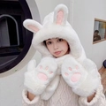 Cute white plush 3-in-1 winter hat scarf gloves set with bunny ears and pink paw prints - Rabbit 3-piece Set - White