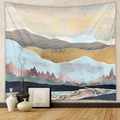 Abstract mountain landscape tapestry with blue and gold tones on a minimalist wall - Abstract Sky Blue and Gold Mountains (GT428-23)