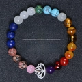 Detail of 8mm natural stone yoga bracelet with silver lotus charm and wellness text - Multicolor Round Beads Silver Lotus (Anxiety & Stress-13)