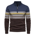 Detail of half-zip knit sweater with geometric ethnic patterns and cable textures - Denim Blue Patchwork