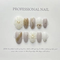 Japanese style hand-painted press-on nails with 3D floral carving and gold foil accents - Extra Small (XS)