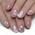 Short square press-on nails in soft pink with hand-painted butterfly and floral designs - Yellow Jelly Glue Style (Nude Pink Butterfly Flower)