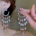 Silver needle flower earrings with pink zircon tassels and water-drop pendants - Silver Pink Water Drop (9#)