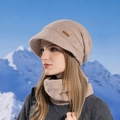 Winter Strickmütze und Schal Set in Beige mit kleinem Schirm und kuscheligem Pelzfutter - Rosa