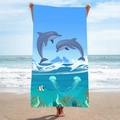 Double-sided microfiber beach towel featuring vibrant dolphin and coral reef ocean illustration - B42-Moving Dolphins Undersea