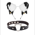 Détails du serre-tête oreilles de chat avec clochettes et ras-du-cou en cuir - Ensemble Choker Chat / Blanc/Intérieur Noir