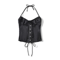 Elegant black satin halter crop top with front bow tie and metal hook-and-eye closures - S / Black