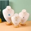 Three-tier wood and microfiber necklace display stands with heart-shaped portrait busts - S/M/L Size Combination / Beige Velvet