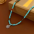 Ethnic titanium steel sun necklace with teal stone beads and silver pendant - Ethnic Style Rice Bead Necklace