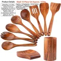 Handcrafted 10-piece acacia wood kitchen utensil set with organized storage barrel - Mangium Wood 10-Piece Set / Approx. 1070g