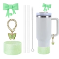 Details of mint green glitter silicone boot and butterfly charm for Stanley Cup 40oz - Green