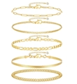 5-teiliges vergoldetes Armband-Set mit Büroklammer- und Panzerketten-Stilen - Goldenes Set mit Perlen-, Figaro- und Panzer-Schlangenkette