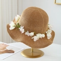 Straw sun hat with pink gradient flowers on a gold stand, chic summer accessory - M(56-58cm) / Pink White Flower Wreath