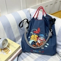 Navy blue nylon drawstring tote bag with embroidered rabbit playing guitar and red handles - Navy Art Rabbit (Without Shoulder Strap)