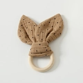 Brown cotton gauze bunny ear teether with black polka dots on a natural wooden ring - Brown Polka Dot
