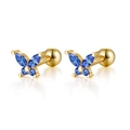 925 silver butterfly stud earrings in gold with blue marquise crystals and screw back - Gold-Blue Zirconia