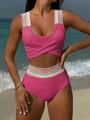 Detalle de bikini rosa de talle alto con tirantes texturizados de ondas multicolores - S / Rosa Rojo