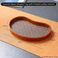 Crescent-shaped wooden tray with retro floral pattern leather base and warm tones - Crescent - Print Leather 16cm