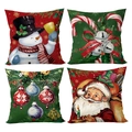 Set van 4 kerstkussenslopen met sneeuwman en kerstman op linnen textuur stof - Kerstman & Kerstbal / Set van 4 / Meerkleurig
