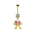 Golden heart navel ring with pink gemstone, bow detail and sparkling round zircon - Gold Pink Heart Bow Style (#6)