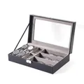 Black leather storage box for 4 watches, rings and 3 glasses with transparent window - Watch & Ring Box