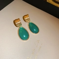 Vintage gold drop earrings with wavy metal tops and green teardrop gemstone accents - 45# Silver Needle - Green