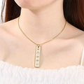 Detailed view of 18K gold plated necklace with lucky symbols worn on neck - Lucky Symbols Rectangular Tag Style (KN293256-SXSJ)