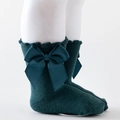 Dark green Lolita style baby socks with large ribbed bow and ruffle trim details - Dark Green