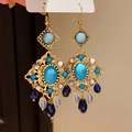 Bohemian gold drop earrings with turquoise and blue crystals on white card - Style 59# Ear Hook-Gold-Blue
