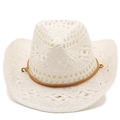 Cappello da cowboy in paglia bianca intrecciata a mano con motivo crochet e cordino marrone - M (56-58cm) / Bianco