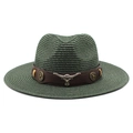 Dark green wide brim straw cowboy hat with brown leather band and silver bull head logo - Dark Green